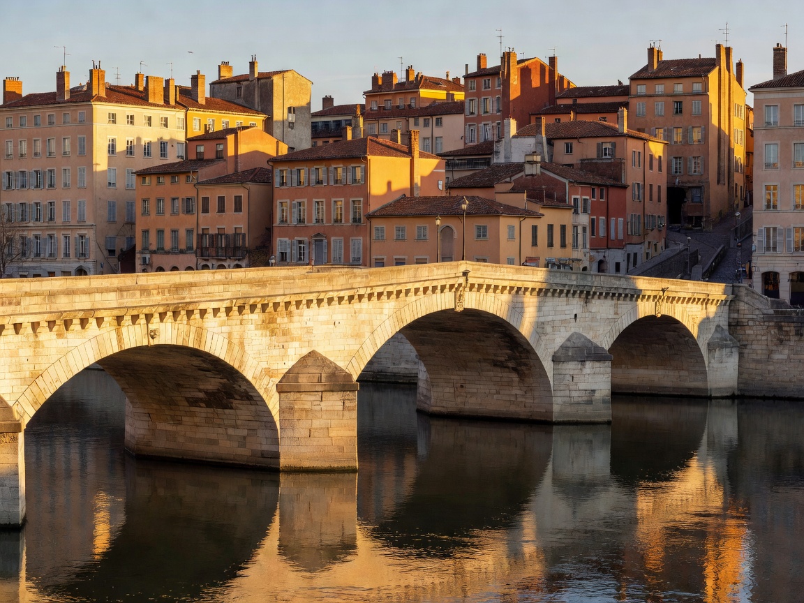 A stone bridge over the Saône river with Lyon's old town in the background