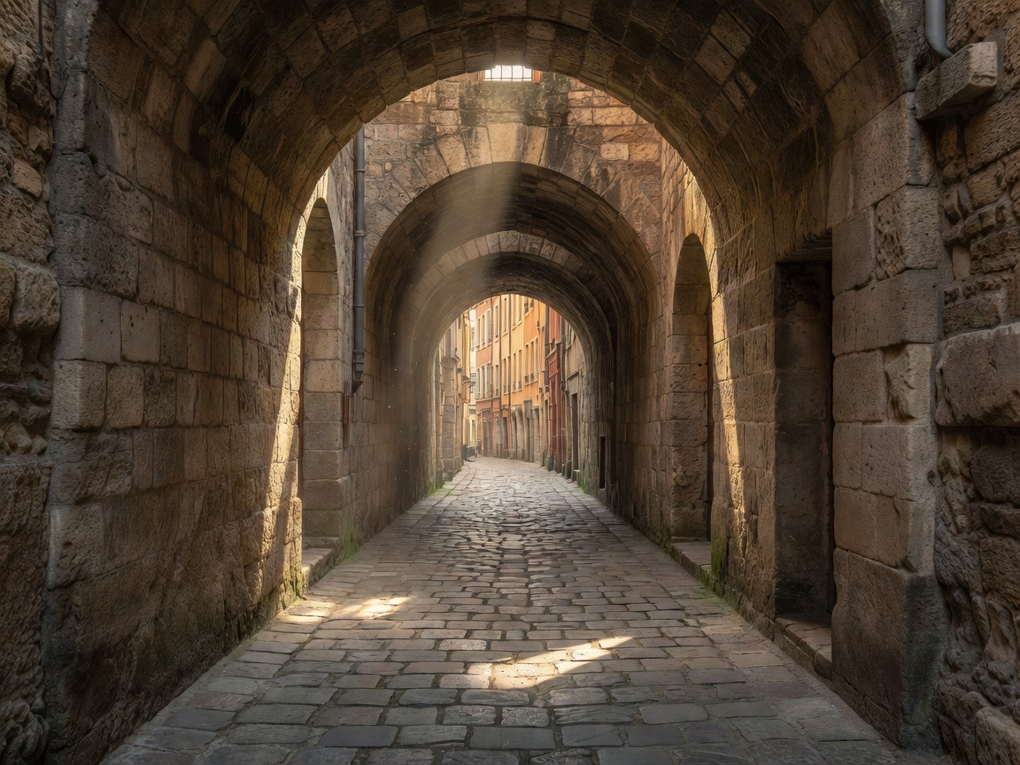 A stone traboule passageway in Lyon's old town connecting two streets