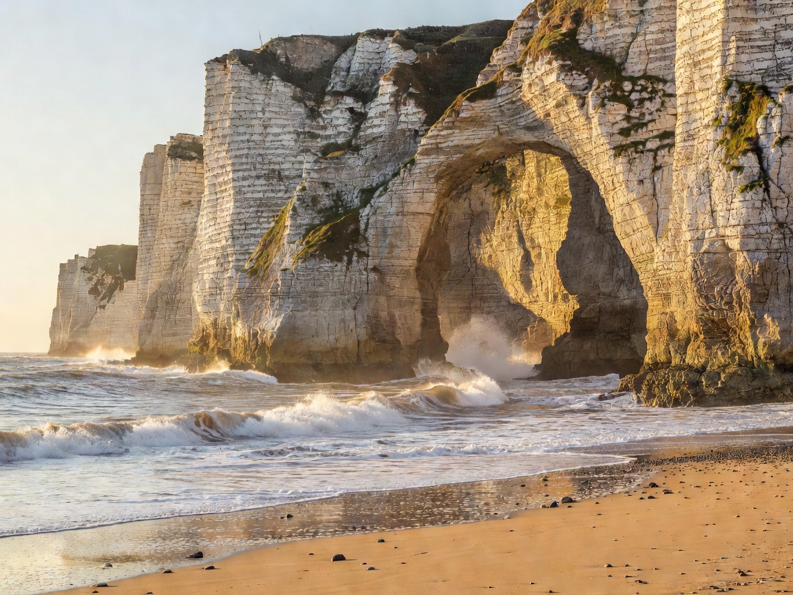 Chalk cliffs and a natural stone arch on the Normandy coastline