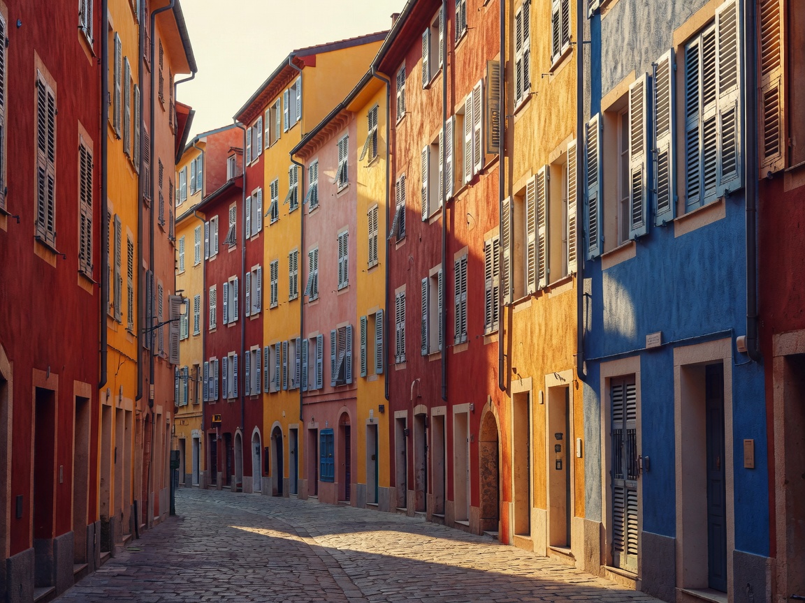 Colourful shuttered buildings on a narrow street in the old town of Nice