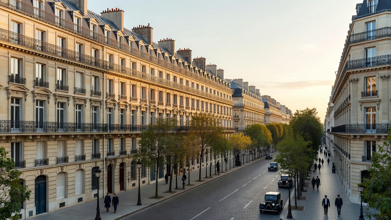 Cream Haussmannian buildings and wrought-iron balconies along a wide Paris avenue