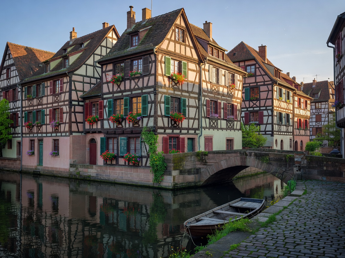 Half-timbered houses along a canal in the Petite France quarter