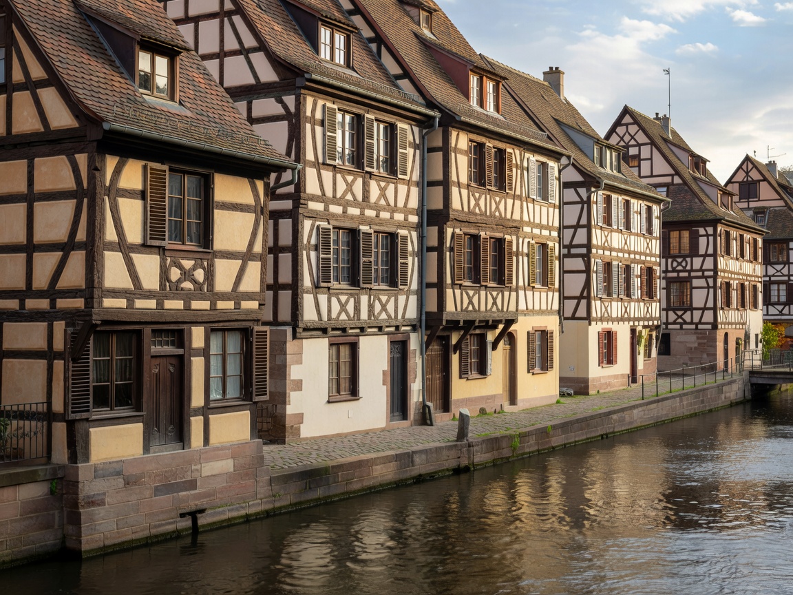 Half-timbered houses beside a canal in the Petite France quarter of Strasbourg