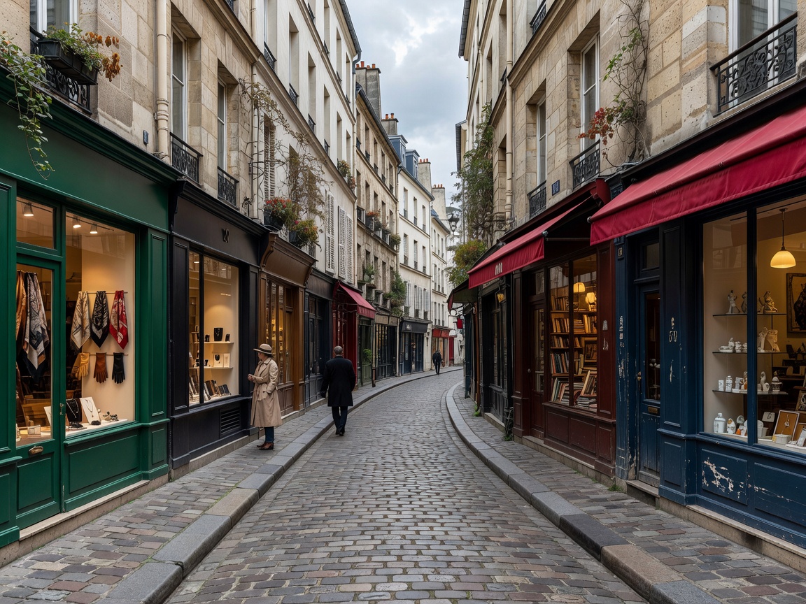 Narrow cobbled street in Le Marais lined with boutique shopfronts