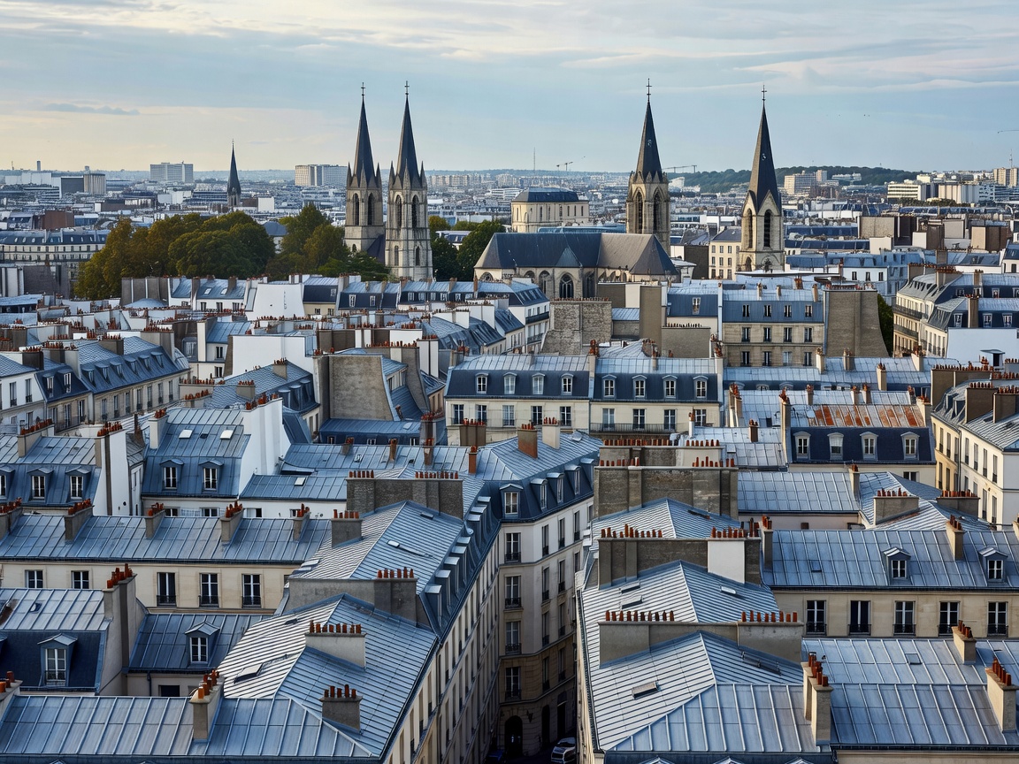 Rooftop view over Le Marais district with zinc roofs and church spires