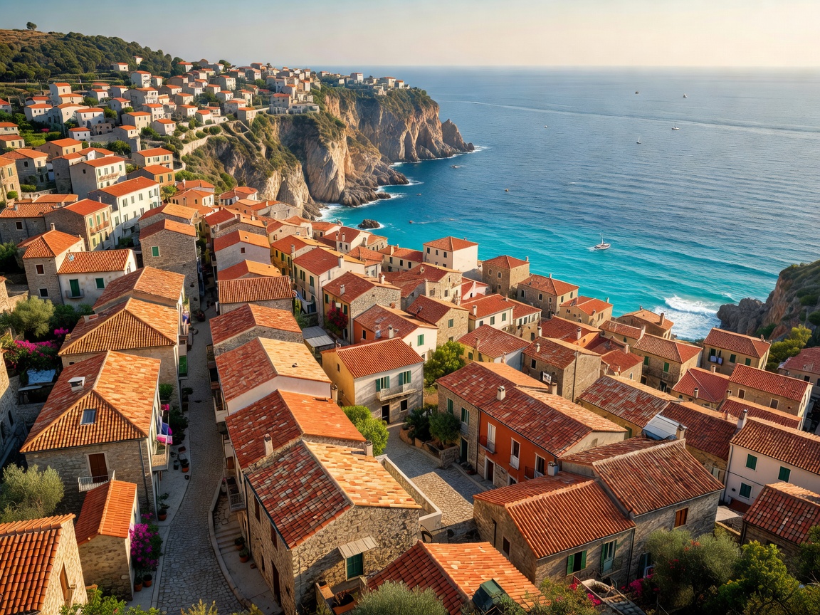 Terracotta rooftops of a hilltop village overlooking the Mediterranean coastline